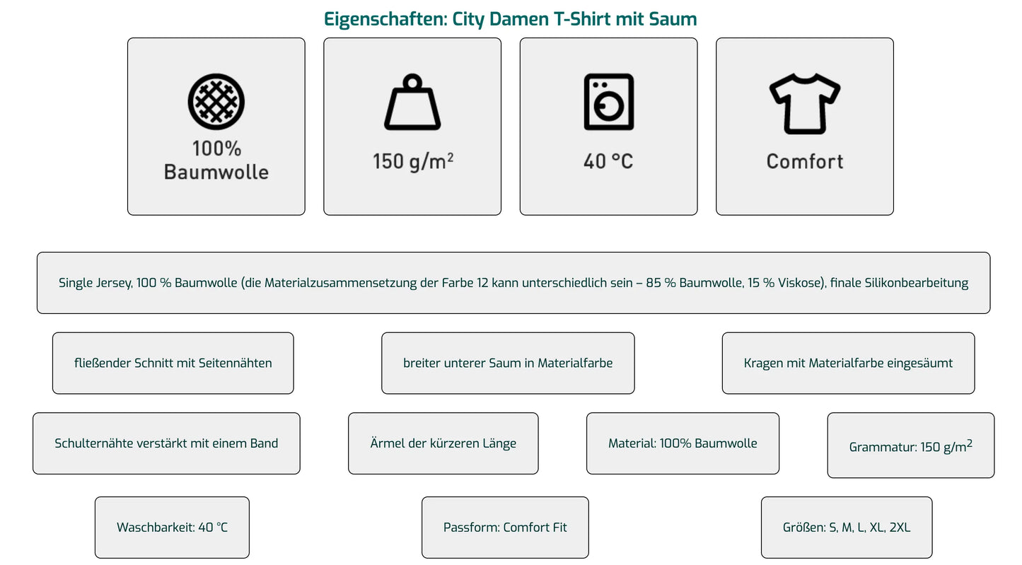 Textileigenschaften - City Damen T-Shirt mit Saum - shirtidee.shop