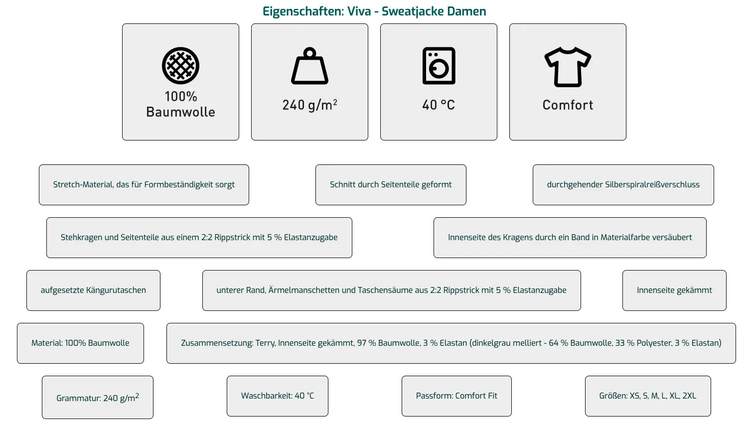Sweatjacke VIVA - Eigenschaften - shirtidee.shop
