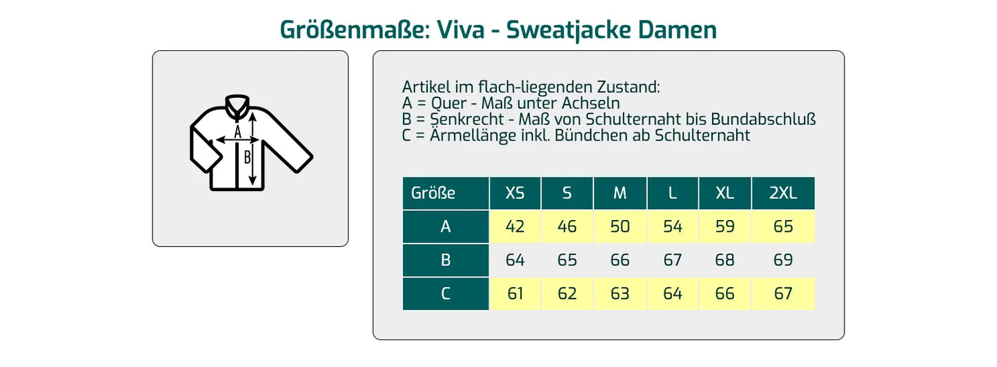 Sweatjacke VIVA - Groessentabelle - shirtidee.shop