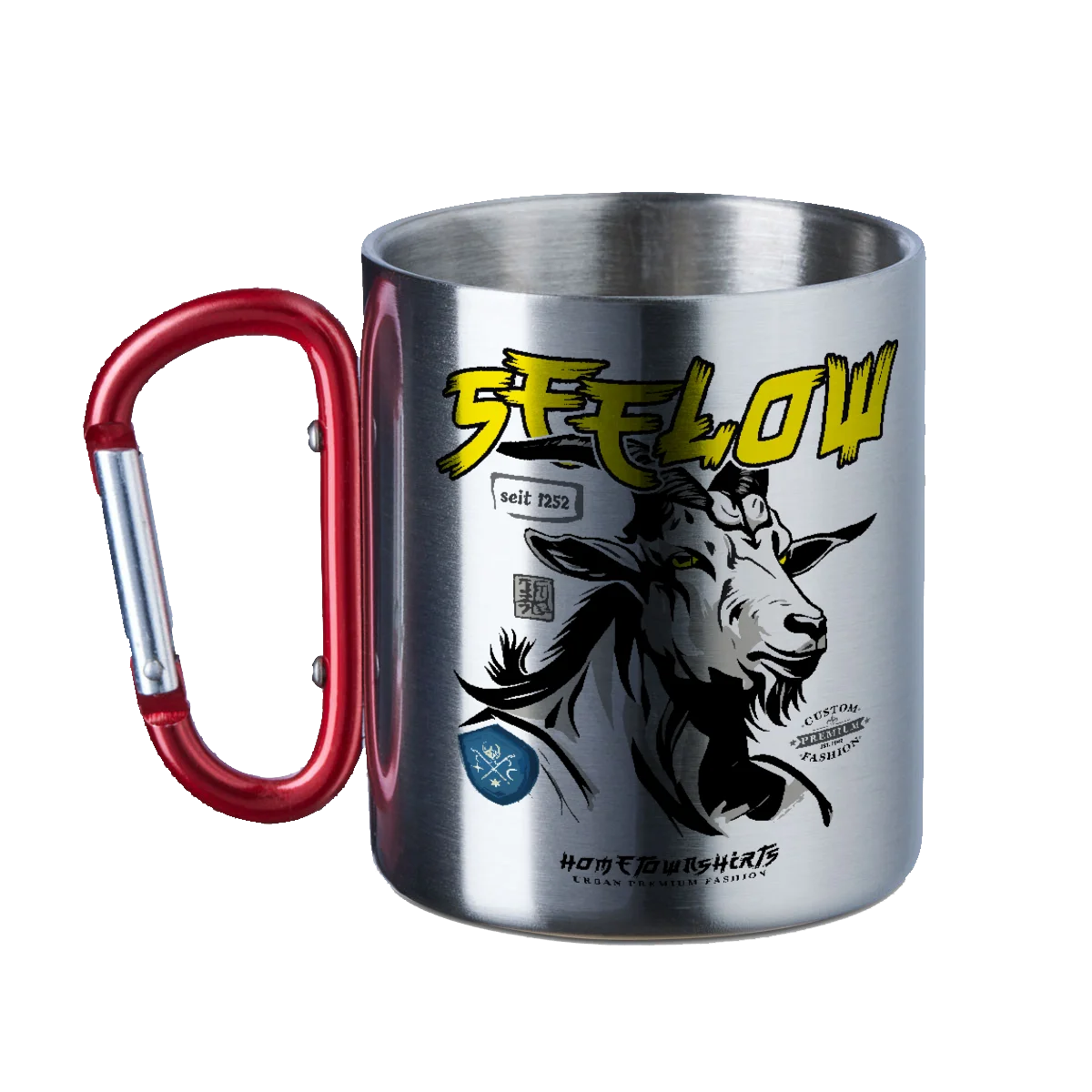Seelow Ziegenbock Portrait - Edelstahltasse mit rotem Karabiner - shirtidee.shop