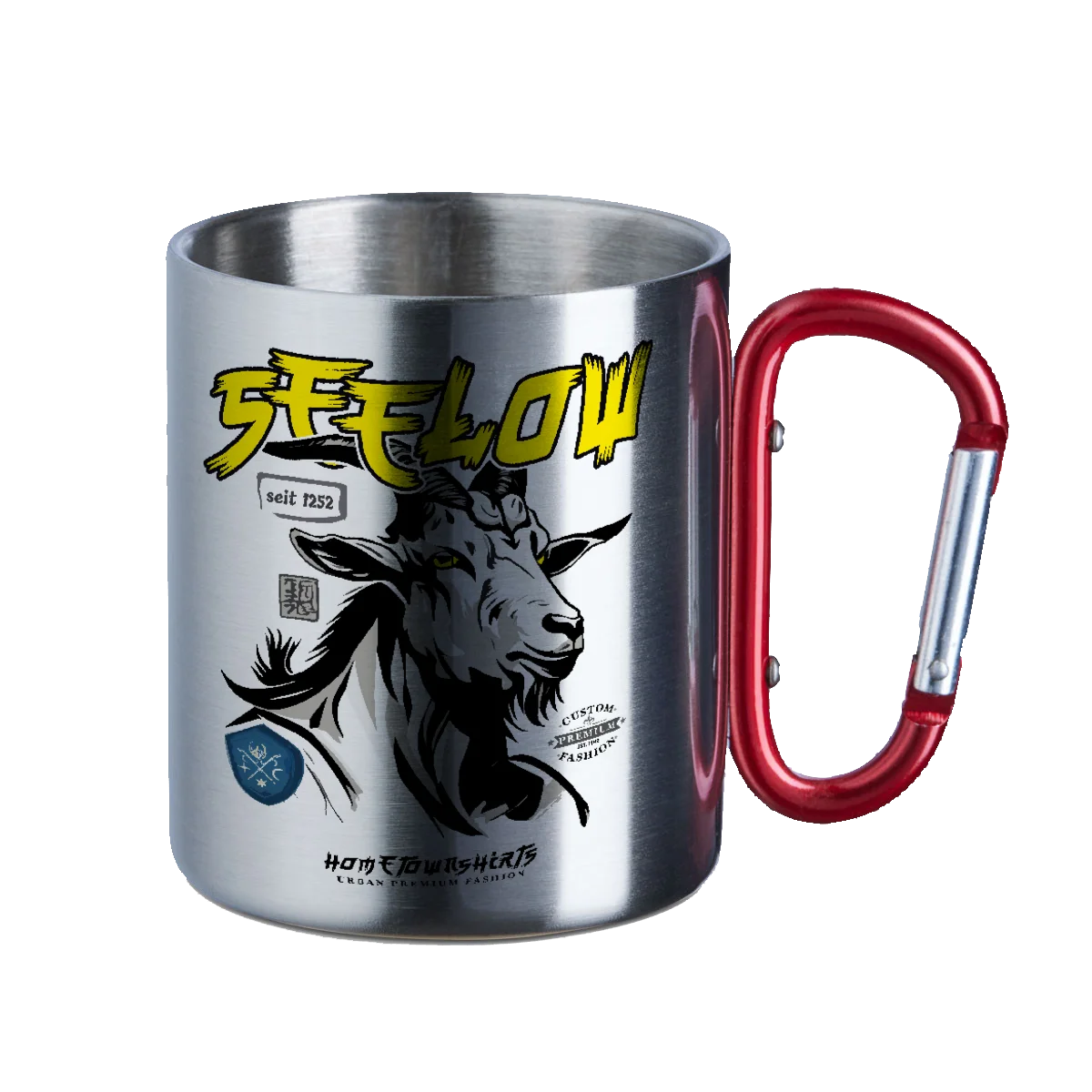 Seelow Ziegenbock Portrait - Edelstahltasse mit rotem Karabiner - shirtidee.shop