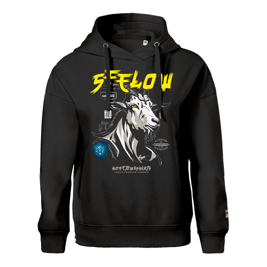 Seelow Ziegenbock Portrait - Damen Kapuzen Sweatshirt BlackEdition